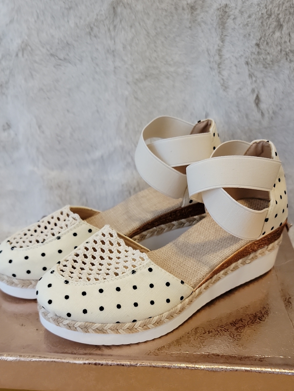 Cream Polka Dot Wedge Espadrille Sandals with Ankle Strap